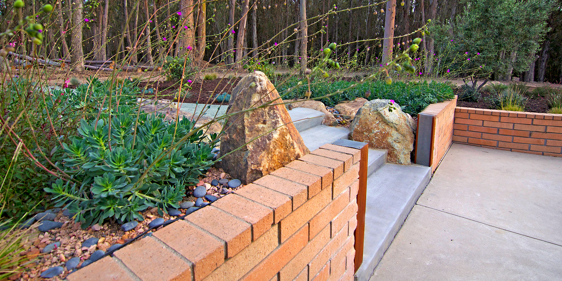 Brick walls with drought tolerant plants and forest in background