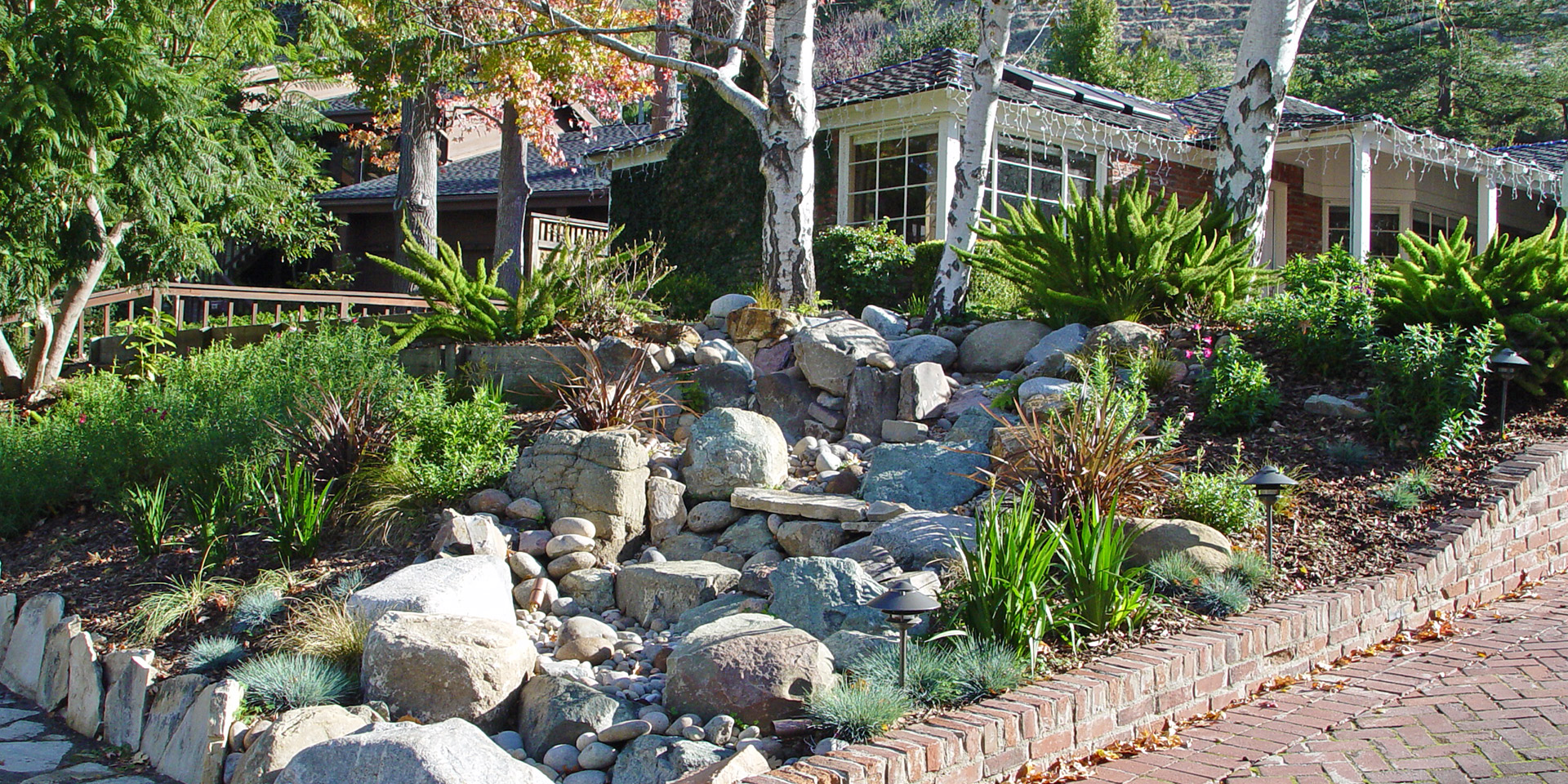 Birch trees, dry rock river, and landscaping in front of home with brick driveway